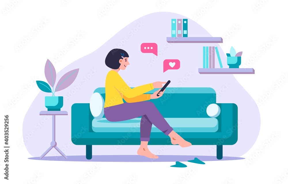 Young woman character writing love message in social media or virtual dating and sitting on sofa at home, messaging with friend. Online dating concept. Design for banner, card, landing page Young woman character writing love message in social media or virtual dating and sitting on sofa at home, messaging with friend. Online dating concept. Design for banner, card, landing page