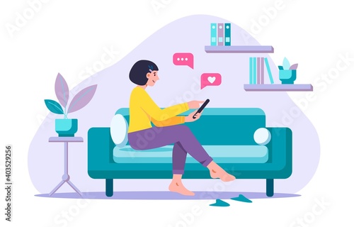 Young woman character writing love message in social media or virtual dating and sitting on sofa at home, messaging with friend. Online dating concept. Design for banner, card, landing page