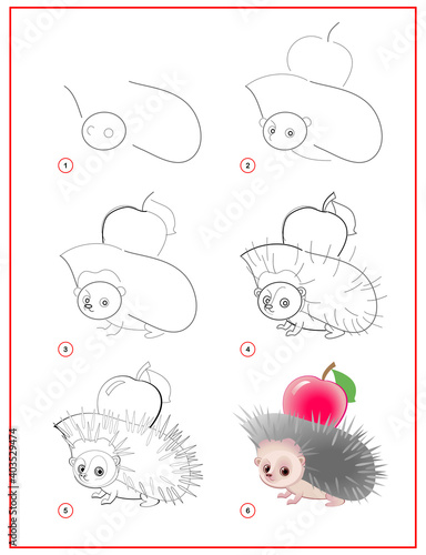 How to draw cute little hedgehog with apple. Educational page for children. Creation step by step prehistoric animal illustration. Printable worksheet for kids school exercise book. Online education.