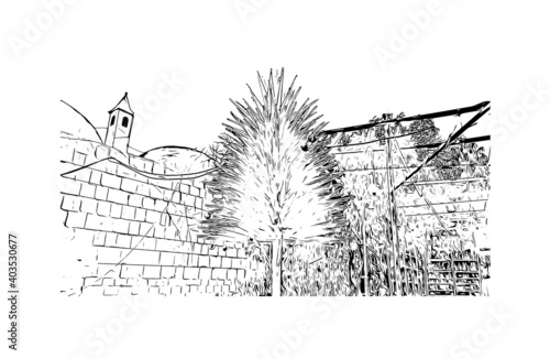 Building view with landmark of Damascus is the
city of Syria. Hand drawn sketch illustration in vector.