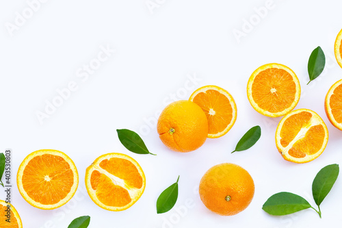 High vitamin C  Juicy and sweet. Fresh orange fruit on white background.