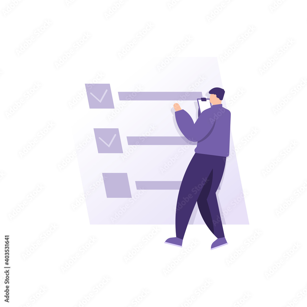 a concept of survey, voting, opinion gathering. illustration of a man giving a check on the questionnaire form or question form. resource persons and research papers. flat style. design elements a concept of survey, voting, opinion gathering. illustration of a man giving a check on the questionnaire form or question form. resource persons and research papers. flat style. design elements