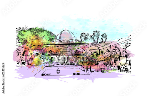 Building view with landmark of Damascus is the
city of Syria. Watercolour splash with hand drawn sketch illustration in vector.