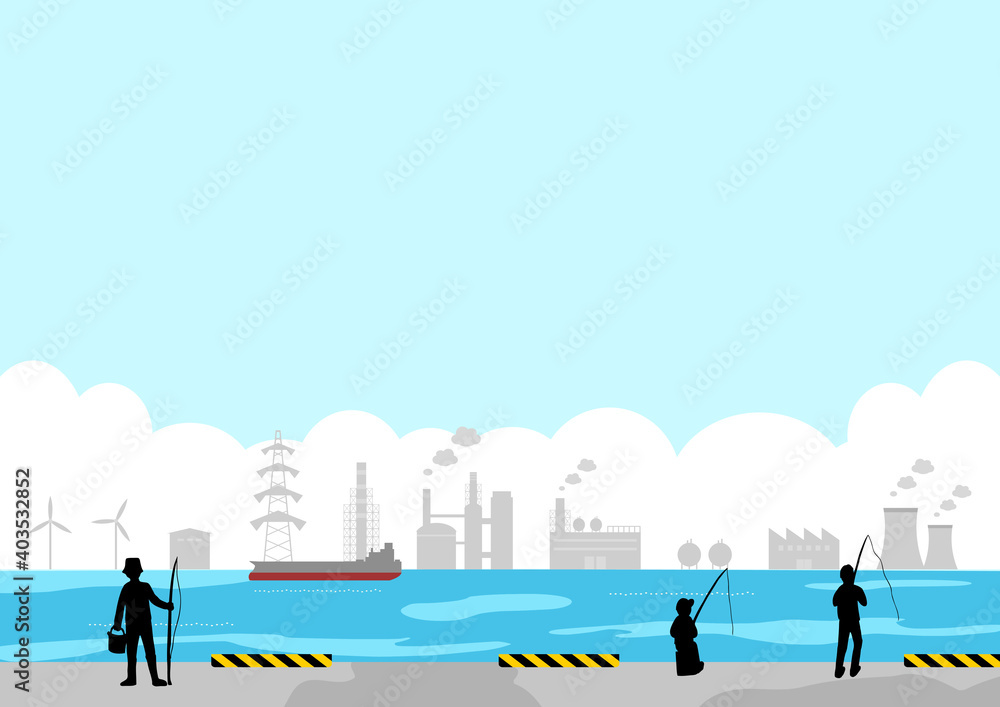Obraz premium 埠頭の釣り人 工業地帯背景