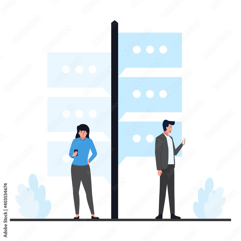 Man and woman hold phone stand beside signpost metaphor of online conversation. Man and woman hold phone stand beside signpost metaphor of online conversation.