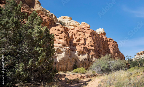 Golden sandstone geographical formations with a desert prairie landscape on a hot summer day at the Cohan Canyon Trail in Capitol Reef National Park Southern Utah.