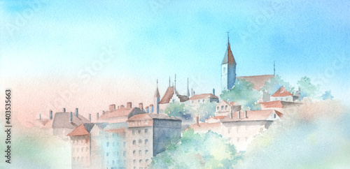 スイス トゥーン城 水彩画