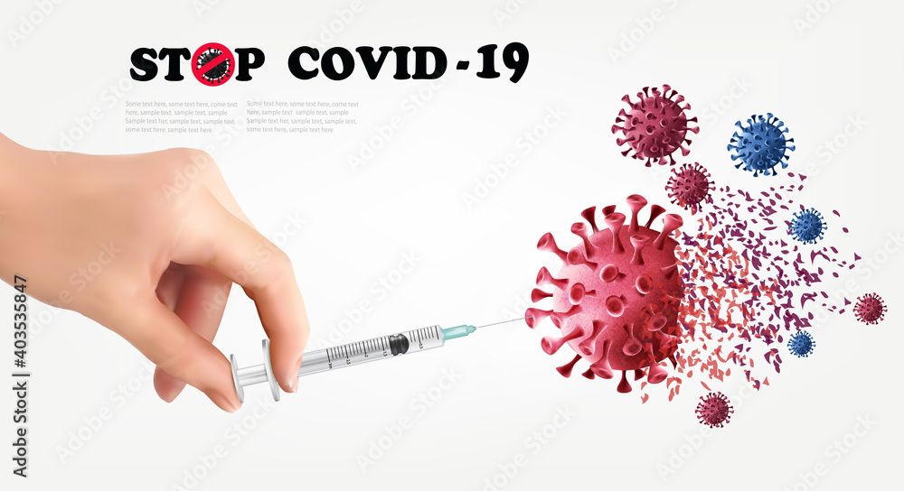 Coronavirus vaccine background. Covid-19 corona virus vaccination with syringe injection tool for covid19 immunization treatment. Stop Coranavirus concept. Vector - obrazy, fototapety, plakaty 