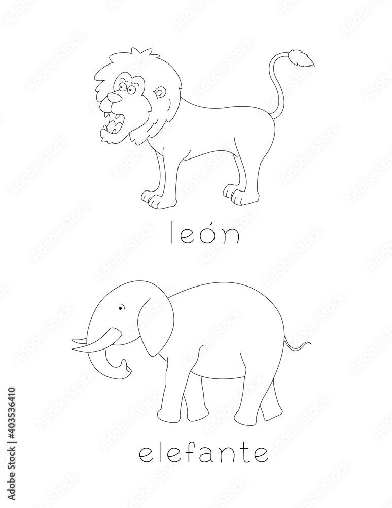 wild animals in spanish language, an elephant and a lion and their names, outline drawing wild animals in spanish language, an elephant and a lion and their names, outline drawing