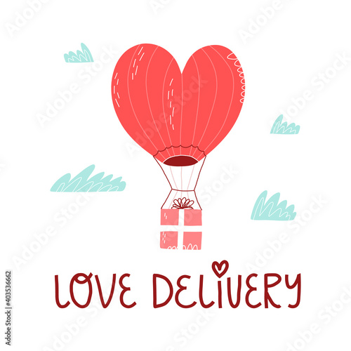 A cute heart-shaped air-balloon aerostat carries a gift for Valentine's Day. Love delivery lettering.