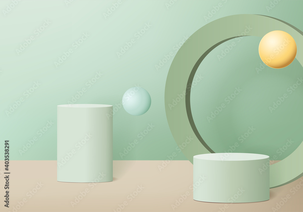 Podium 3d abstract minimal scene with geometric platform. cylinder background vector 3d rendering with podium. stand for cosmetic products. Stage Showcase on pedestal modern 3d studio green pastel
