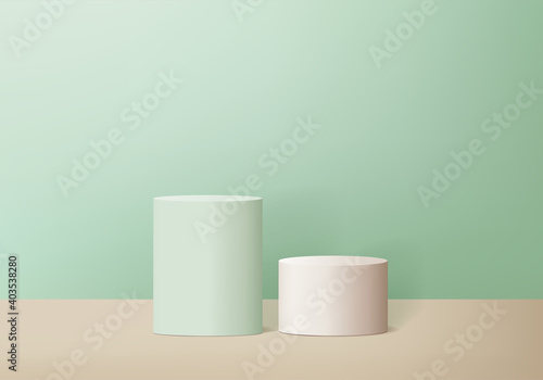Podium 3d abstract minimal scene with geometric platform. cylinder background vector 3d rendering with podium. stand for cosmetic products. Stage Showcase on pedestal modern 3d studio green pastel