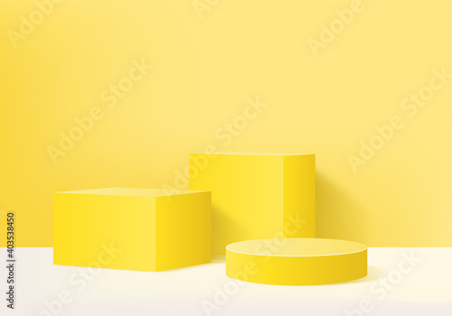 3d background products minimal podium scene with geometric platform. background vector 3d rendering with podium. stand to show cosmetic products. Stage showcase on pedestal modern studio yellow pastel