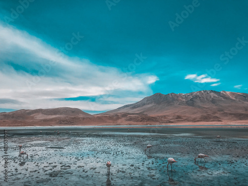Stunning panoramic view of famous wild Siloli Desert. Beautiful landscape of spectacular Bolivian Andes and the Altiplano along the scenic road between Salar de Uyuni and Laguna Colorada, in Bolivia