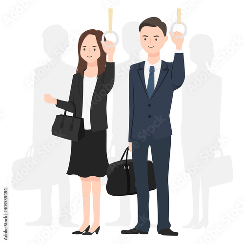 電車で通勤してる日本の若い女性と男性のイラスト。