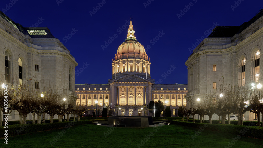 San Francisco City Hall Lit in the blue hour, celebrating New Year 2021