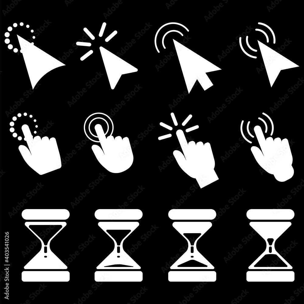 Set of white cursors on a black background. Internet technology. Cursor sign. Arrow set. Stock illustration. EPS 10.