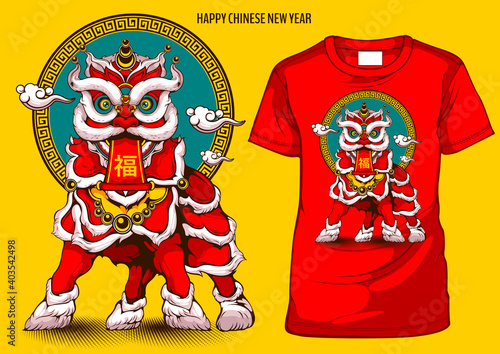 graphic t-shirt lion dance, Happy Chinese new year, Translation on picture text "happiness, good fortune, blessings", illustration Comic art.