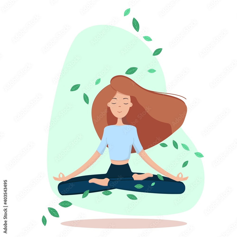 Woman meditating in the Lotus position and saying Om. Girl with the headphones practising the guided meditation. Modern flat illustration on yoga topic.Vector illustration. Yoga girl in levitation
