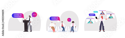 set mix race doctors discussing during during meeting medical conference covid-19 pandemic self isolation medicine healthcare concept horizontal full length vector illustration