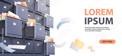 office wall of filing cabinet with open card catalog and flying documents data archive storage business administration concept copy space horizontal vector illustration