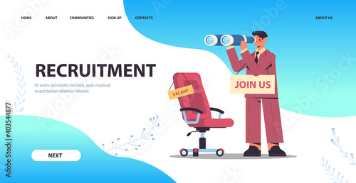 businessman hr manager with binoculars join us vacancy open recruitment and hiring concept full length horizontal copy space vector illustration