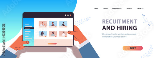 hr manager hands choosing candidate for hiring in job staff recruitment human resource online job search concept horizontal copy space vector illustration
