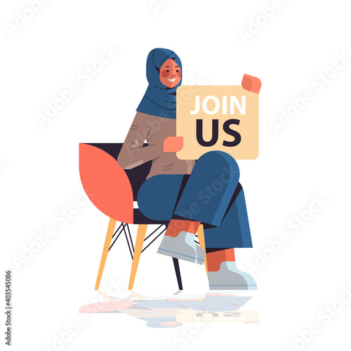 arab woman hr manager holding we are hiring join us poster vacancy open recruitment human resources concept isolated full length vector illustration