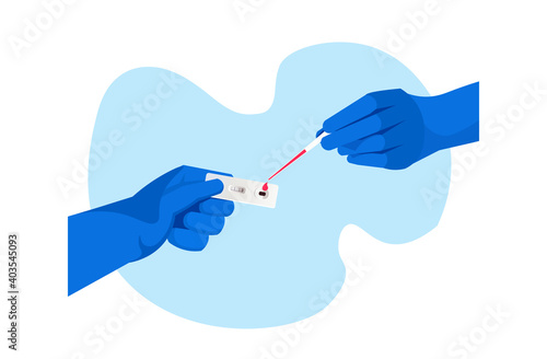 doctor or scientist placing blood sample on rapid diagnostic test cassette identifying antibodies for covid-19 concept horizontal vector illustration