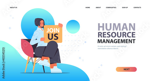 woman hr manager holding we are hiring join us poster vacancy open recruitment human resources concept full length copy space horizontal vector illustration
