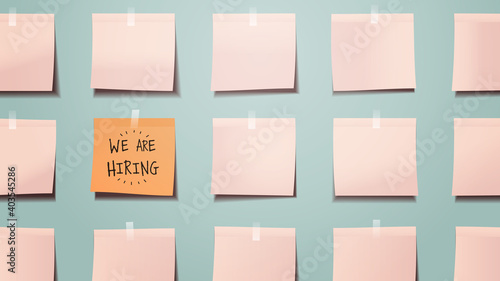reminder schedule board we are hiring written on sticky note paper vacancy open recruitment human resources concept horizontal vector illustration