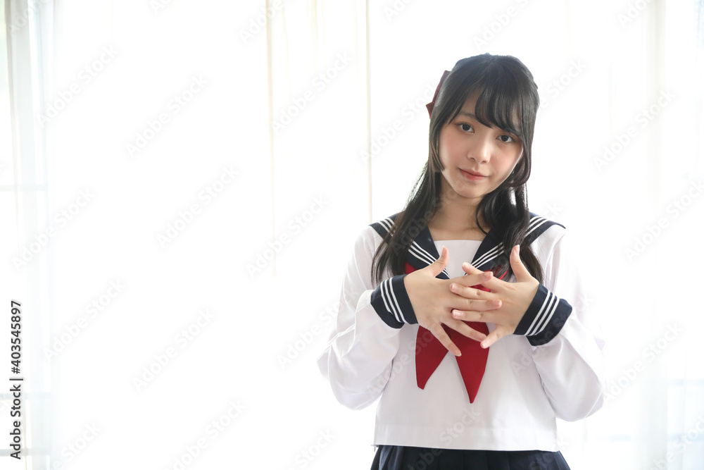 Portrait japanese school girl in white tone bed room Portrait japanese school girl in white tone bed room