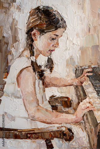 Fototapeta Naklejka Na Ścianę i Meble -  Beautiful girl plays the piano. Created in detail and color, oil painting on canvas.