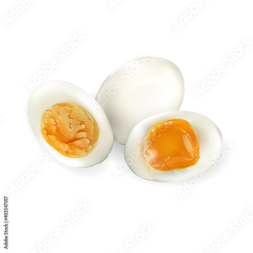 A whole egg, soft and medium boiled halves of eggs.