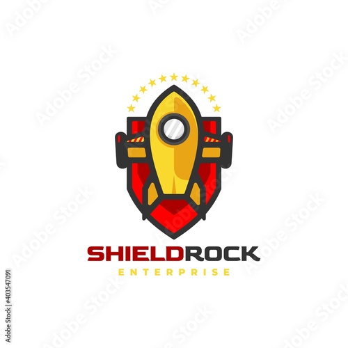 Vector Logo Illustration Shield Rocket Cartoon Cute Style.