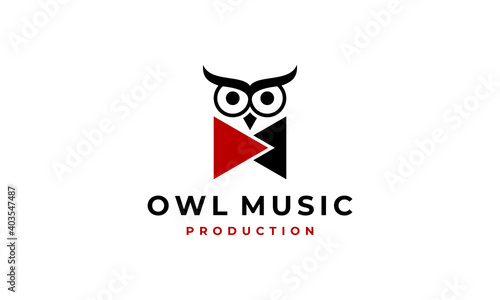 owl head face music play button animal bird production logo design template