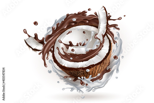 Sliced coconut in a milky and chocolate splash. photo