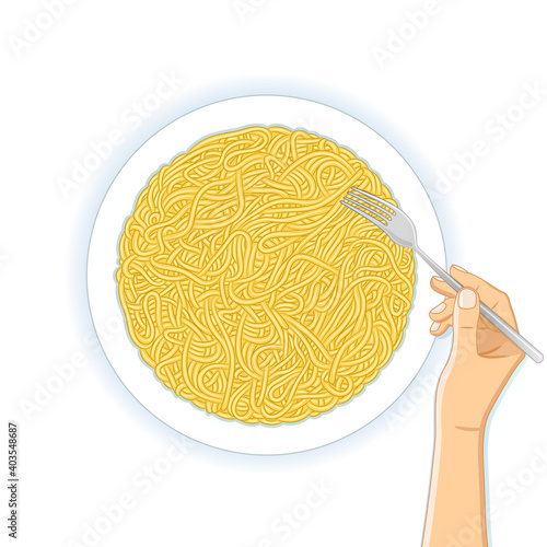 Top view of fresh delicious plate of asian ramen noodles and hand with fork on white background. Vector illustration.