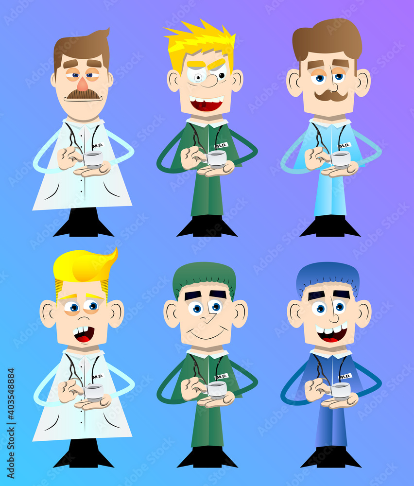 Funny cartoon doctor holding a cup of coffee. Vector illustration. Health care worker taking a break. Funny cartoon doctor holding a cup of coffee. Vector illustration. Health care worker taking a break.