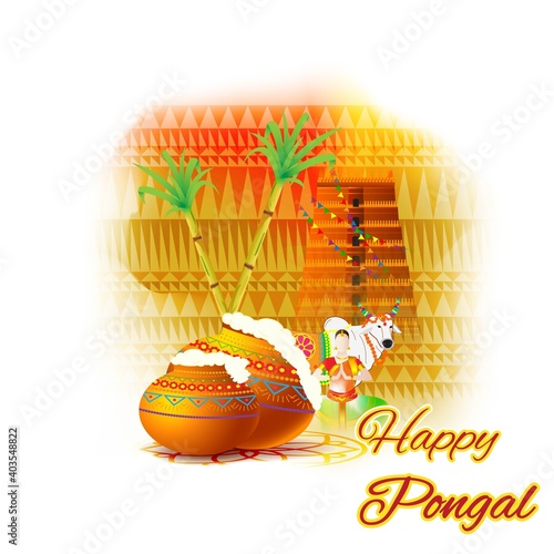Vector illustration of Happy Pongal, Tamil harvest festival of South India, pot, sugarcane, rangoli on beautiful abstract background, Indian festival greeting.