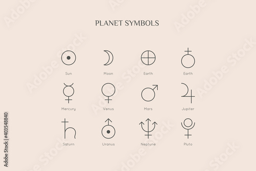 Planet Symbol Icons in Minimal Trendy Liner style. Vector astrological sign: Sun, Moon, Earth, Mercury, Venus, Mars, Jupiter, Saturn, Uranus, Neptune, Pluto for logo tattoo calendar horoscope