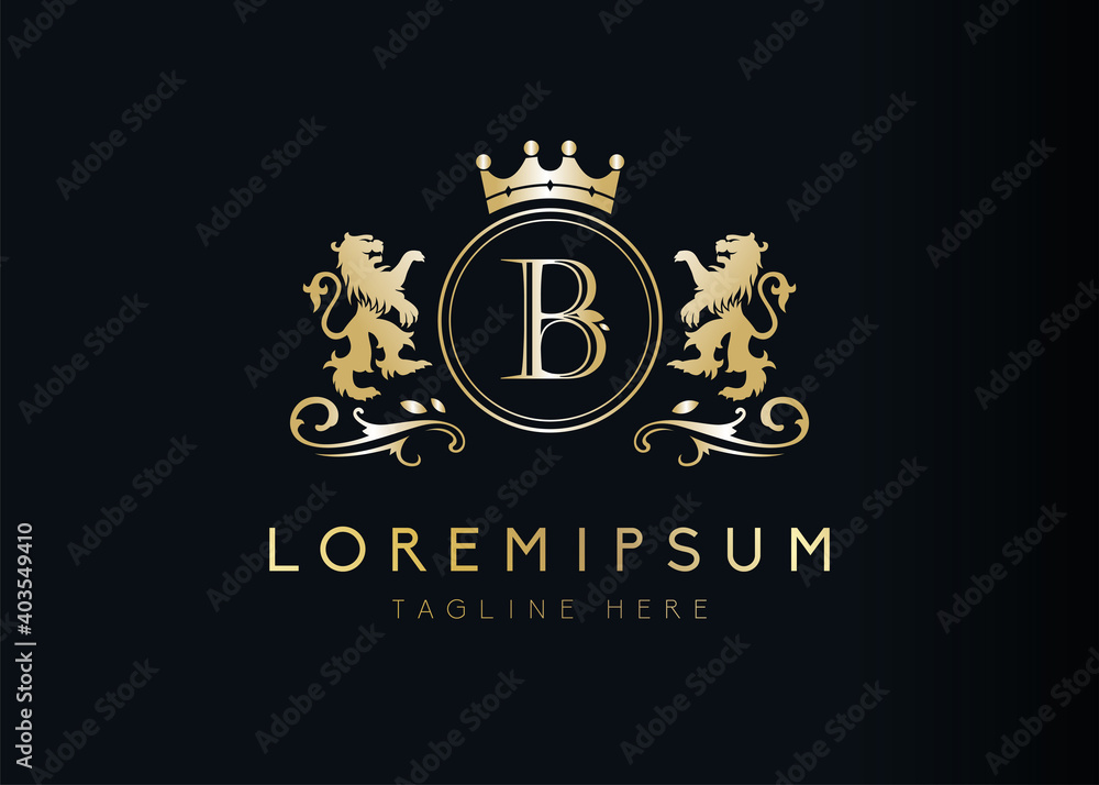 Heraldic lion initial letter B logo design. illustration of luxury royal B letter with floral, crown and lion emblem design. Sign symbol icon template Heraldic lion initial letter B logo design. illustration of luxury royal B letter with floral, crown and lion emblem design. Sign symbol icon template