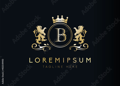 Heraldic lion initial letter B logo design. illustration of luxury royal B letter with floral, crown and lion emblem design. Sign symbol icon template
