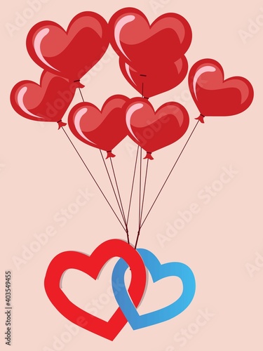 Valentine's day background with 3d red balloons in shape heart . Ballons and ribbon fly. Romantic banner, surprise poster, flyer and brochure. Holiday wedding
