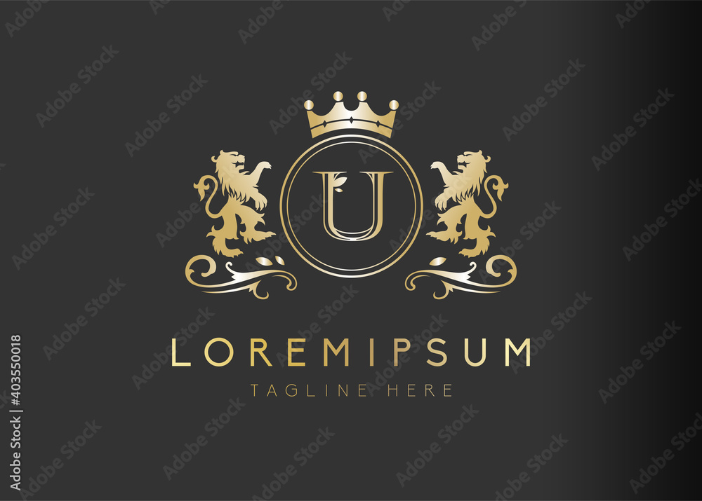 Heraldic lion initial letter U logo design. Vector illustration of luxury royal U letter with floral, crown and lion emblem design. Sign symbol icon template Heraldic lion initial letter U logo design. Vector illustration of luxury royal U letter with floral, crown and lion emblem design. Sign symbol icon template