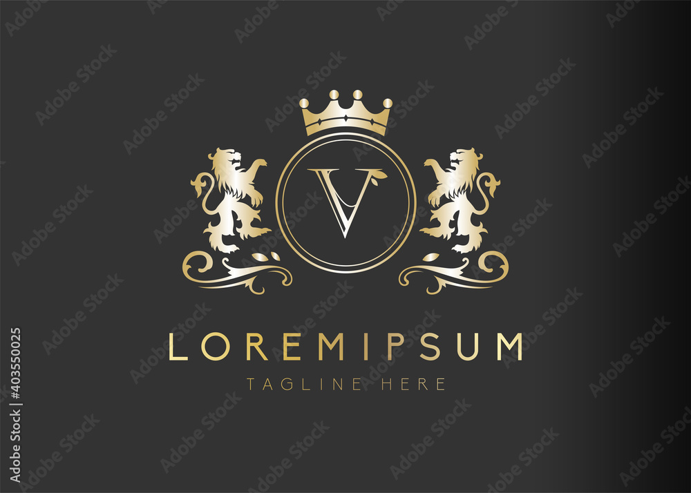 Heraldic lion initial letter V logo design. Vector illustration of ...