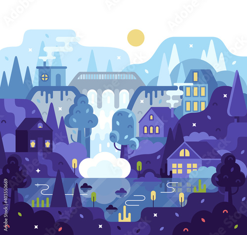 Hydroelectric power plant, dam with hydro turbine in 2d graphic. Vector cartoon illustration in flat cartoon stile.
