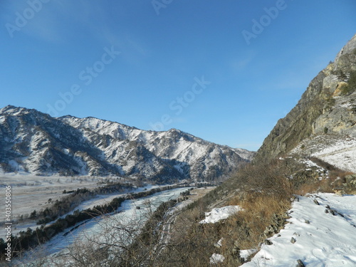 Altai. Katun river. Winter nature.