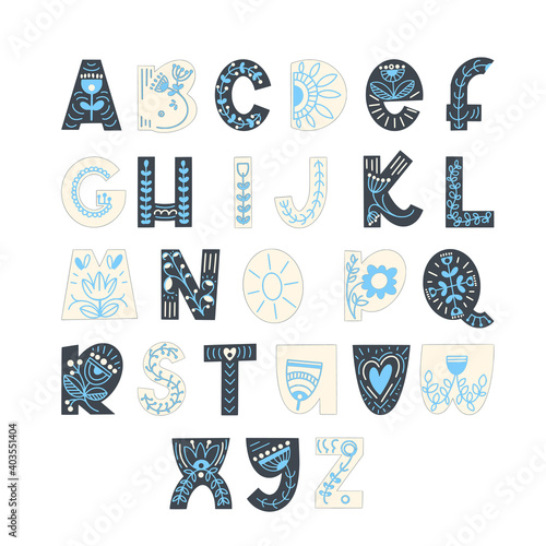 Hand drawn latin alphabet in scandinavian style. Folk art font with flower and leaves ornament. For typography poster, card, label, banner design.