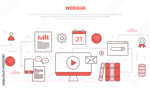 Webinar concept with icon set collection like computer video play chat calendar book network certificate campaign for website homepage template landing page banner with outline style